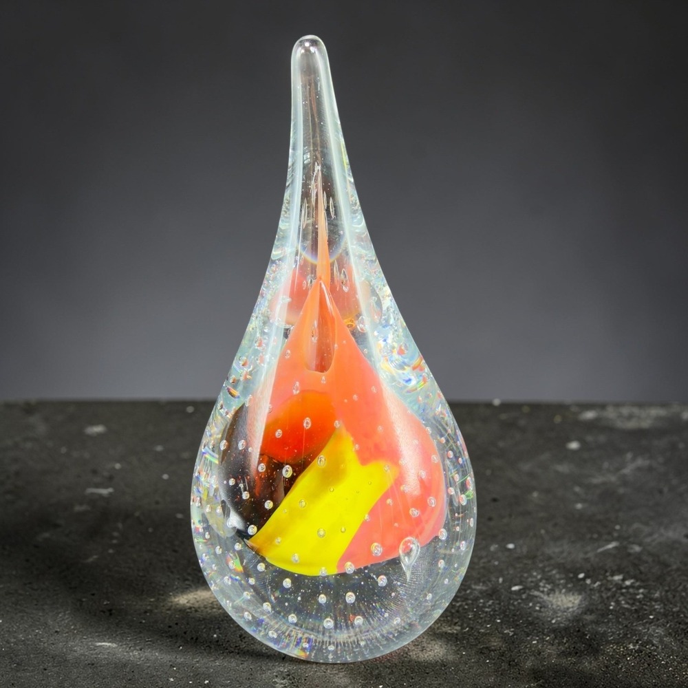 M Pyrcak Poland Hand Made Crystal Paperweight Teardrop Controlled Bubble Orange